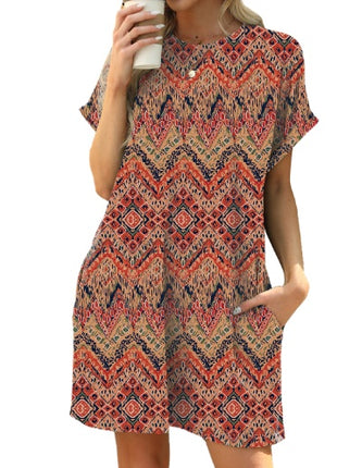 Loose Crew Neck Short Sleeve Pocket Dress