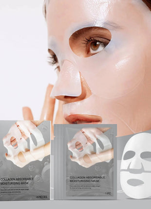 Collagen absorbable moisturizing mask packaging with a close-up of a person wearing the mask.