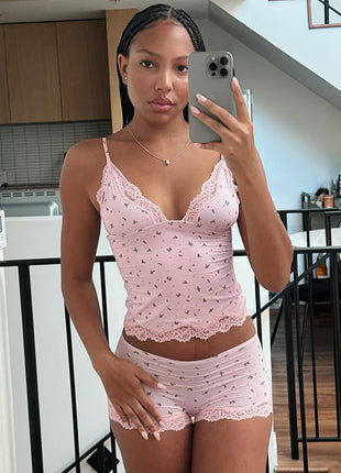 Lace Edge Stitching Small Floral V-neck Set