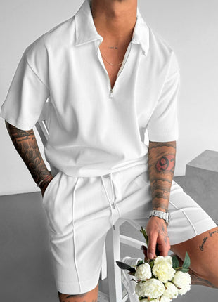 New Zipper Polo Casual Short Sleeve Drawstring Shorts Set