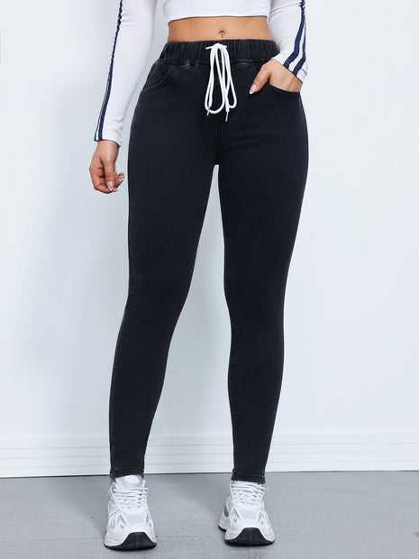 Denim Winter Drawstring Elastic Waist High Elastic Feet Trousers