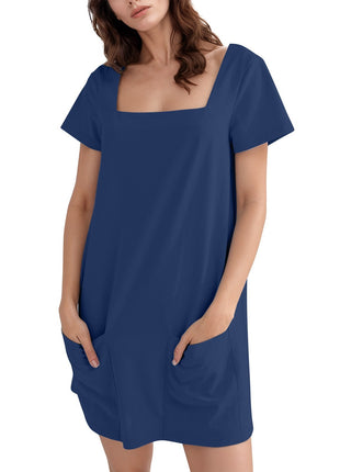 Square Collar Short Sleeve Short Skirt Pocket Dress