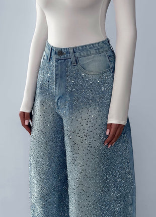 Denim Irregular Rhinestone Jeans