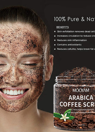 Person with coffee scrub on face and jar of Mooyam Arabica Coffee Scrub on a dark background