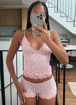 Lace Edge Stitching Small Floral V-neck Set