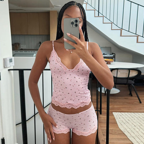 Lace Edge Stitching Small Floral V-neck Set