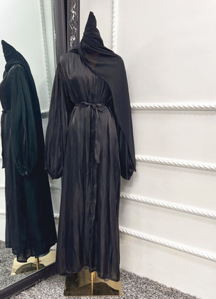 Bubble Sleeve Cardigan Elegant Long Lanyard Abaya with Headscarf