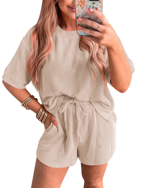 Short-sleeved Wavy Round Neck Top Elastic Waist Shorts Set