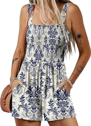 Casual Pleated Square Collar Sleeveless Loose Shorts Jumpsuit