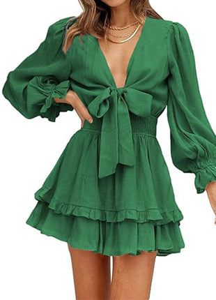 V-neck Ruffled Slimming Long Sleeves Dress