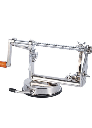 Metal apple peeler with a white background