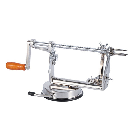 Metal apple peeler with a white background