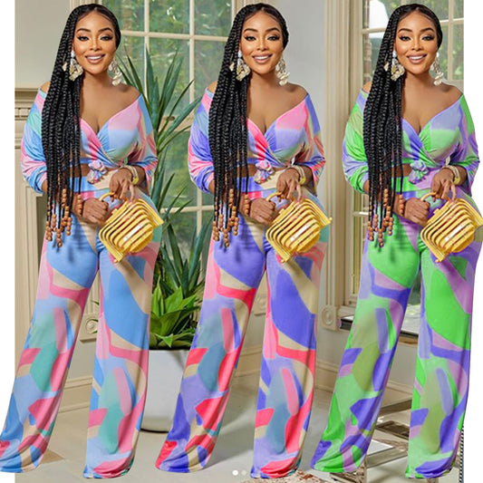 Irregular Pattern Long-sleeved Trousers V-neck Two-piece Suit