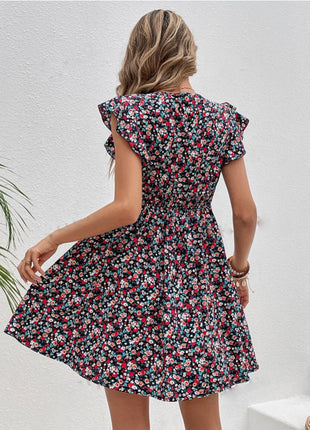 Small Floral Print High Waist Ruffles Dress