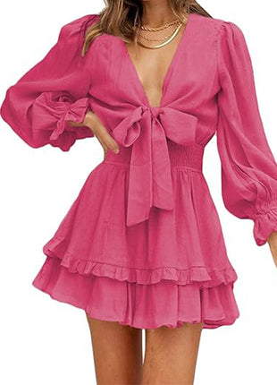 V-neck Ruffled Slimming Long Sleeves Dress