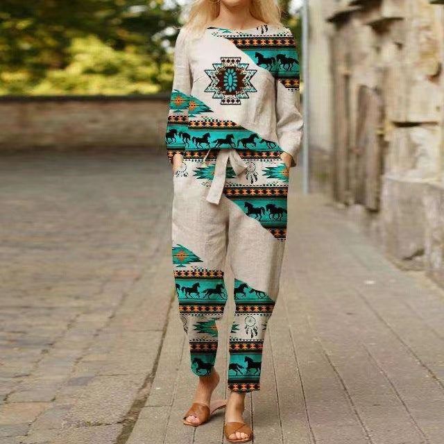 Casual Floral Round Neck Long-sleeve Suit