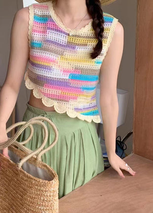 Hollow-out Knitted Sling Crocheted Sleeveless Tassel Top