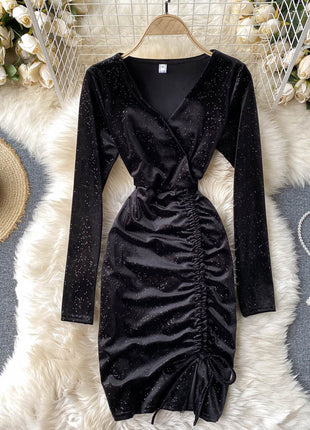V-neck Waist Pack Buttock Velvet Long Sleeve Dress