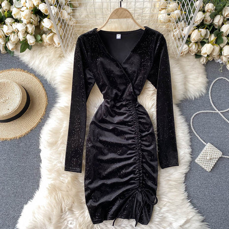 V-neck Waist Pack Buttock Velvet Long Sleeve Dress