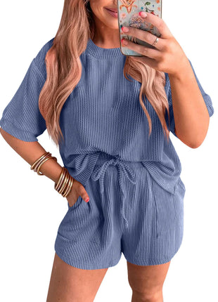 Short-sleeved Wavy Round Neck Top Elastic Waist Shorts Set