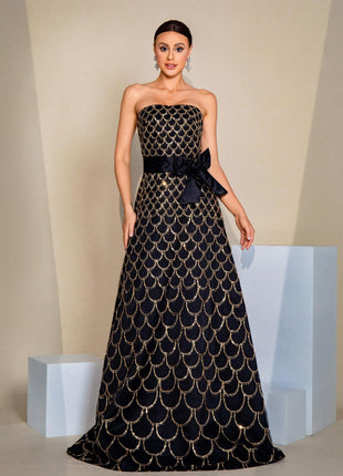 Off-neck Wrapped Chest Nipped-waist Large Swing Sequined Dress