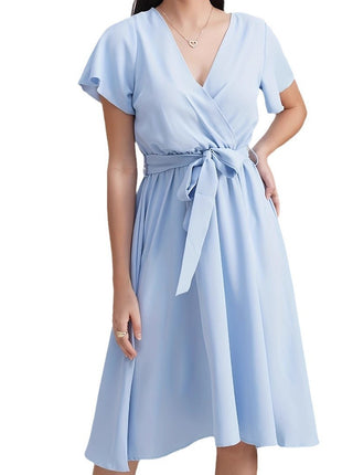 Short Sleeve Cross Collar Belt Dress