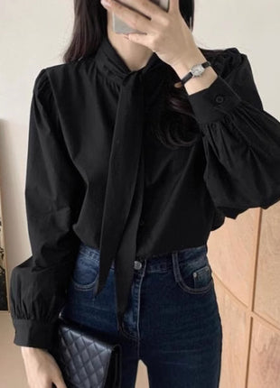 Korean Gentle Lace-up Bow Tie Puff Sleeve Shirt
