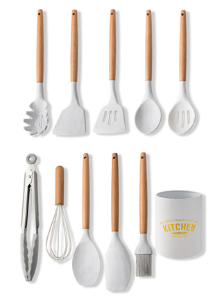 White Silicone Marbled Wooden Handle Kitchenware Set of 11