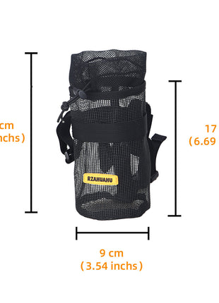 Black mesh bag with measurements on a white background