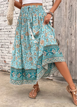 Waist-controlled Simple Floral Print Tassel Skirt