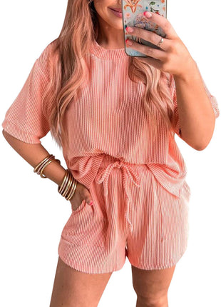 Short-sleeved Wavy Round Neck Top Elastic Waist Shorts Set
