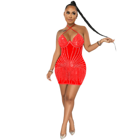 Sling Wrapped Chest Rhinestone Mesh Perspective Dress