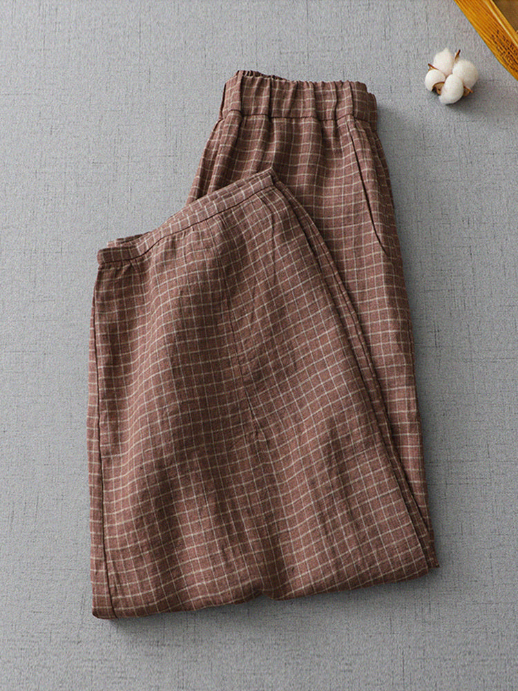 Plaid Linen Pants Casual Plus Size