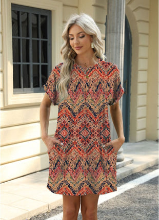 Loose Crew Neck Short Sleeve Pocket Dress