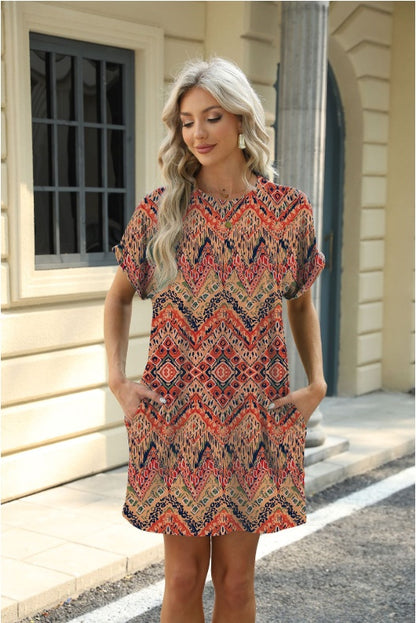Loose Crew Neck Short Sleeve Pocket Dress