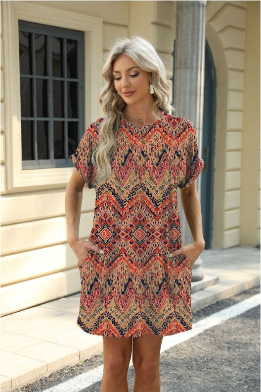 Loose Crew Neck Short Sleeve Pocket Dress