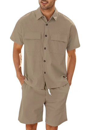 Cotton Short Sleeve Pockets Shirt And Drawstring Shorts Set