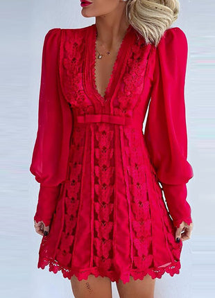 White Elegant V Neck Lace Long Puff Sleeve Butterfly Dress