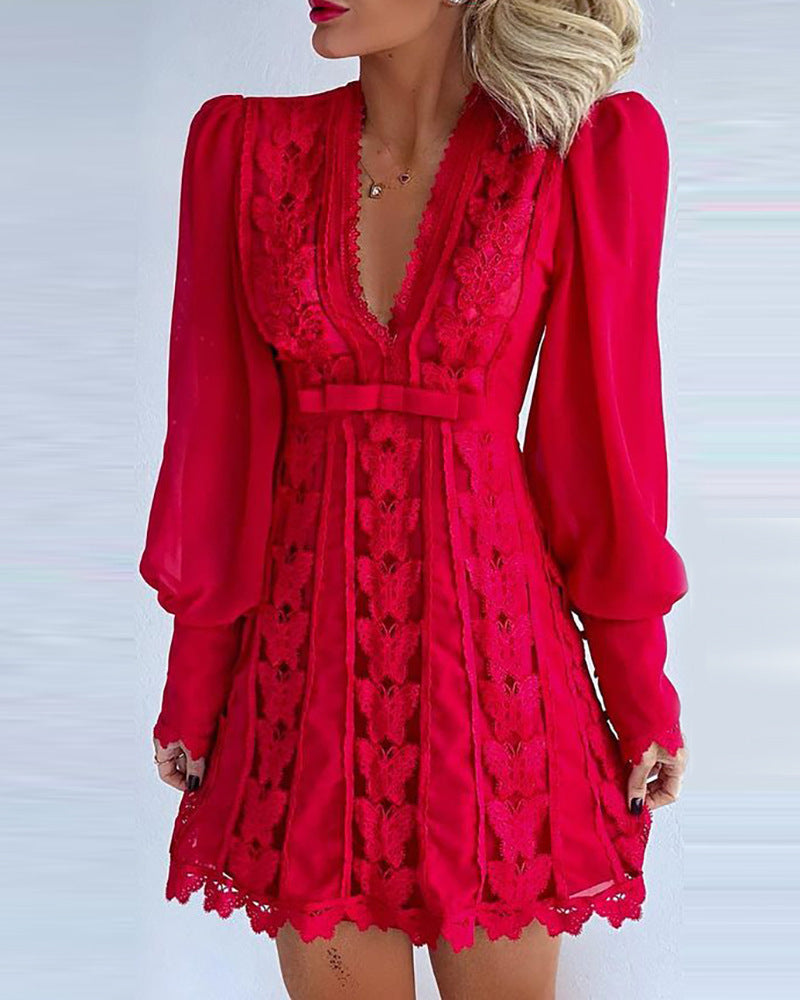 White Elegant V Neck Lace Long Puff Sleeve Butterfly Dress