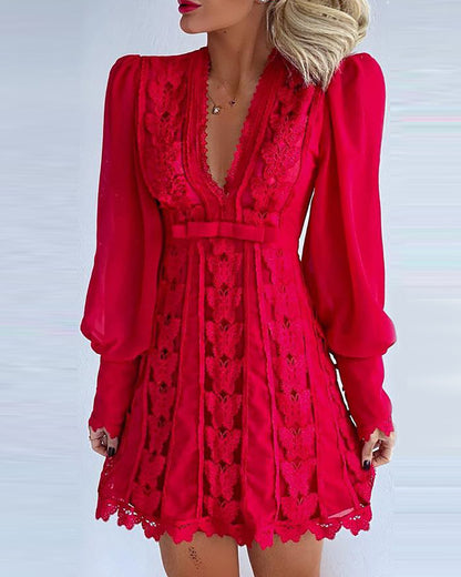 White Elegant V Neck Lace Long Puff Sleeve Butterfly Dress