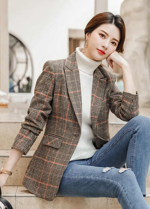 Plaid Suit Waist Slim Fit Trimming Casual Coat
