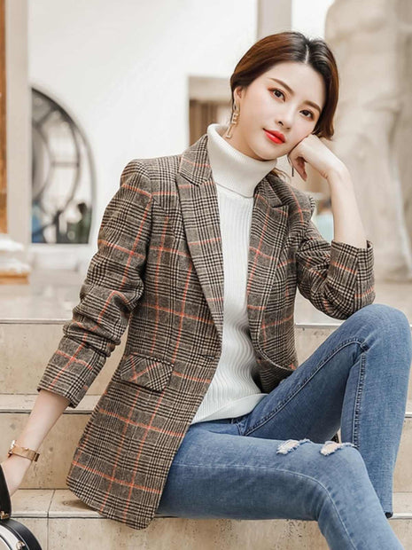 Plaid Suit Waist Slim Fit Trimming Casual Coat