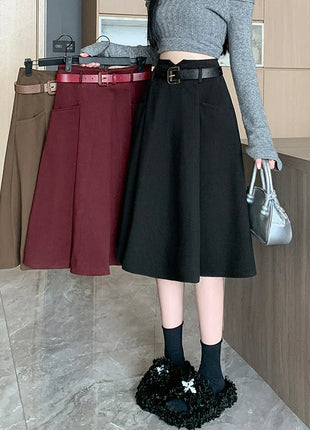 Woolen Mid-Length High Waist Skirt