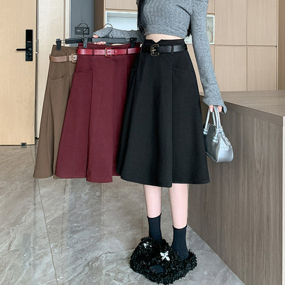 Woolen Skirt Mid-Length High Waist