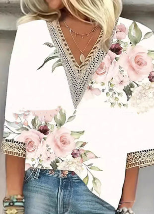 Casual V-neck Stitching Lace Short Sleeve