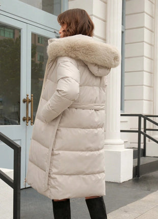 Anewsta Long Sleeve Zip Up Hooded Padded Coat with Faux Fur Trim