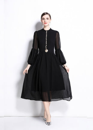 Buckle Pleated Stitching Puff Sleeve Waist-controlled Large Hem Temperament Dress