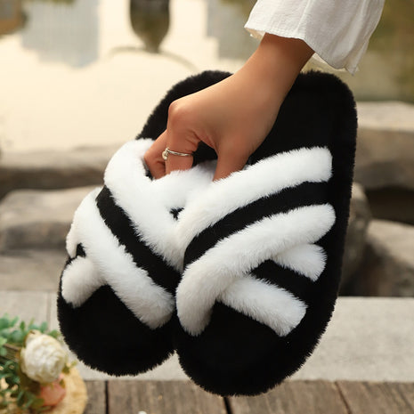 Fluffy Cross Strap Stitching Warm Slippers