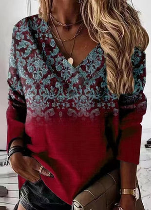 Retro V-neck Long-sleeved T-shirt