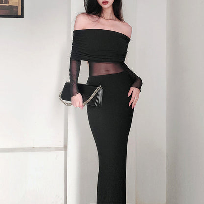 Winter Off-the-shoulder Pleated Long Sleeve Polyester Dress